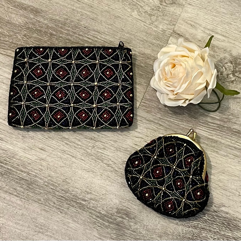 Neiman Marcus Vintage Set Of 2  Beaded Colorful Black Zip Clutch Cosmetic Bags